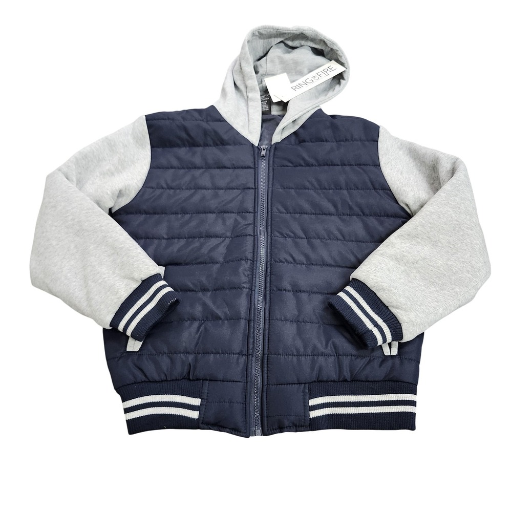 Ring Of Fire Jacket Boys L 14 Blue Gray Hooded Quilted Puffer Camden 2fer